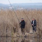 Two fishermen in the reeds with fishing rods